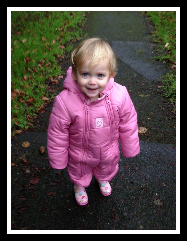 Toddler Adams in her snow suit.