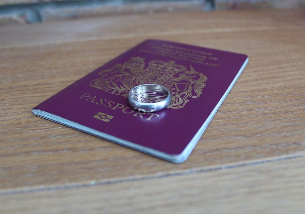 wedding ring, passport, travelling, wedding band