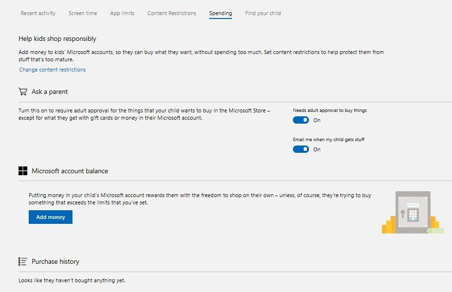 microsoft add money to child account