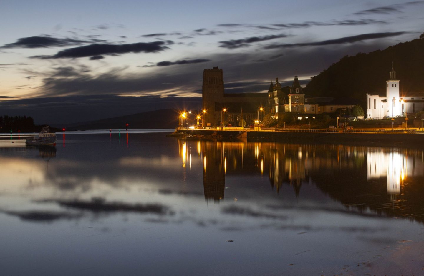 Looking out to the sea from Oban at night time.