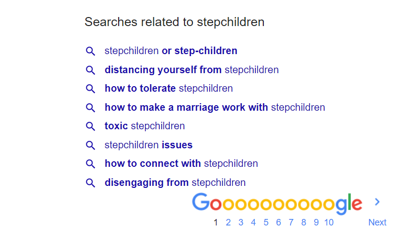 Image of google search results revealing negative perceptions of stepchildren.