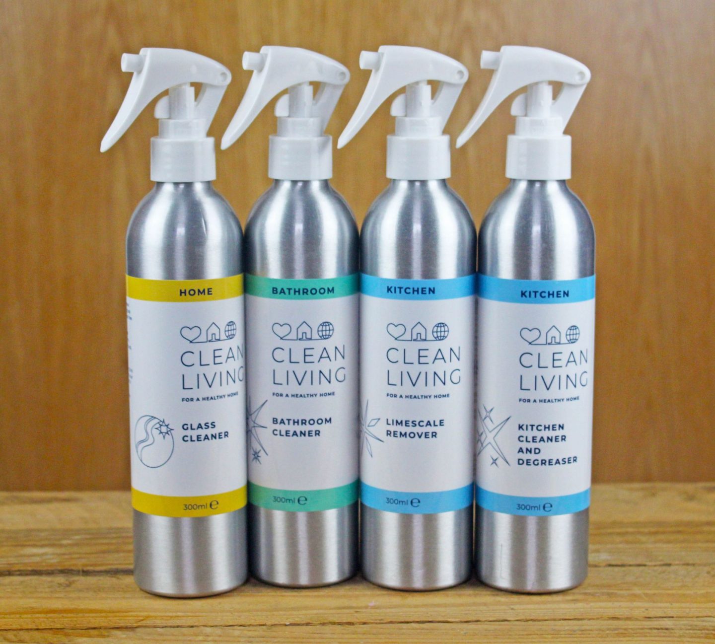 Reusable aluminum bottles for household cleaning products from Clean Living.