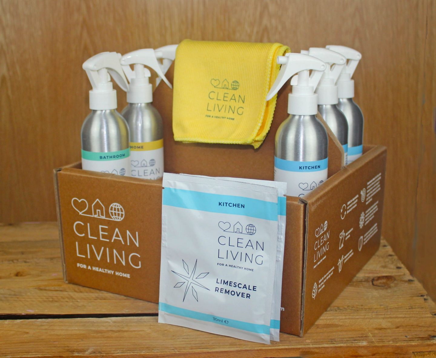 the Clean Living Complete Cleaning Kit, filled with environmentally friendly cleaning products  from Clean Living International 