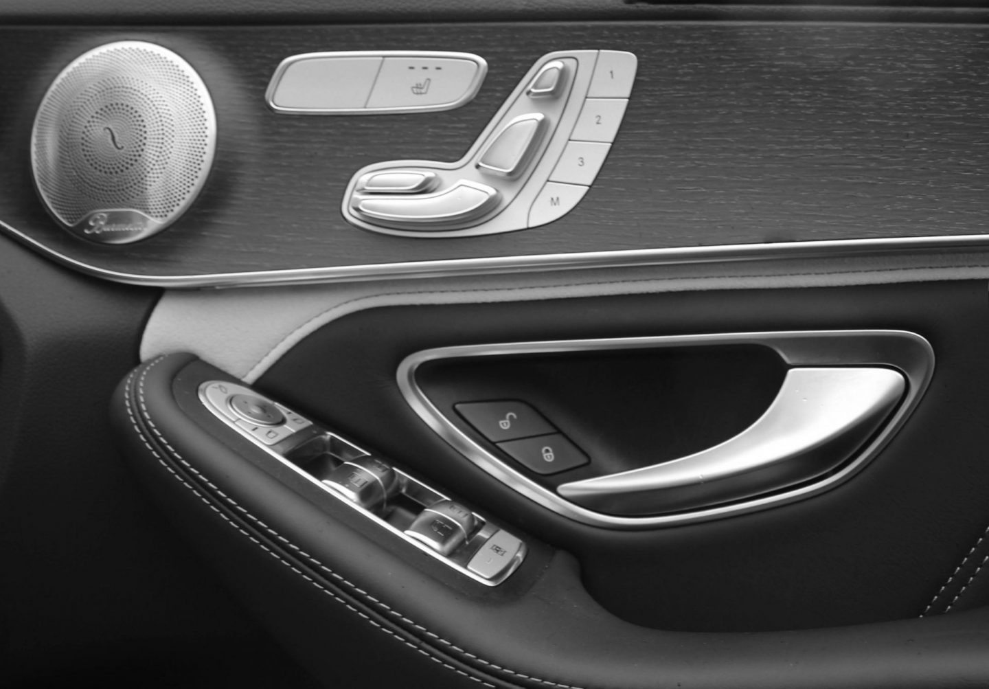 Inside driver's door of Mercedes-AMG C 63 S estate.