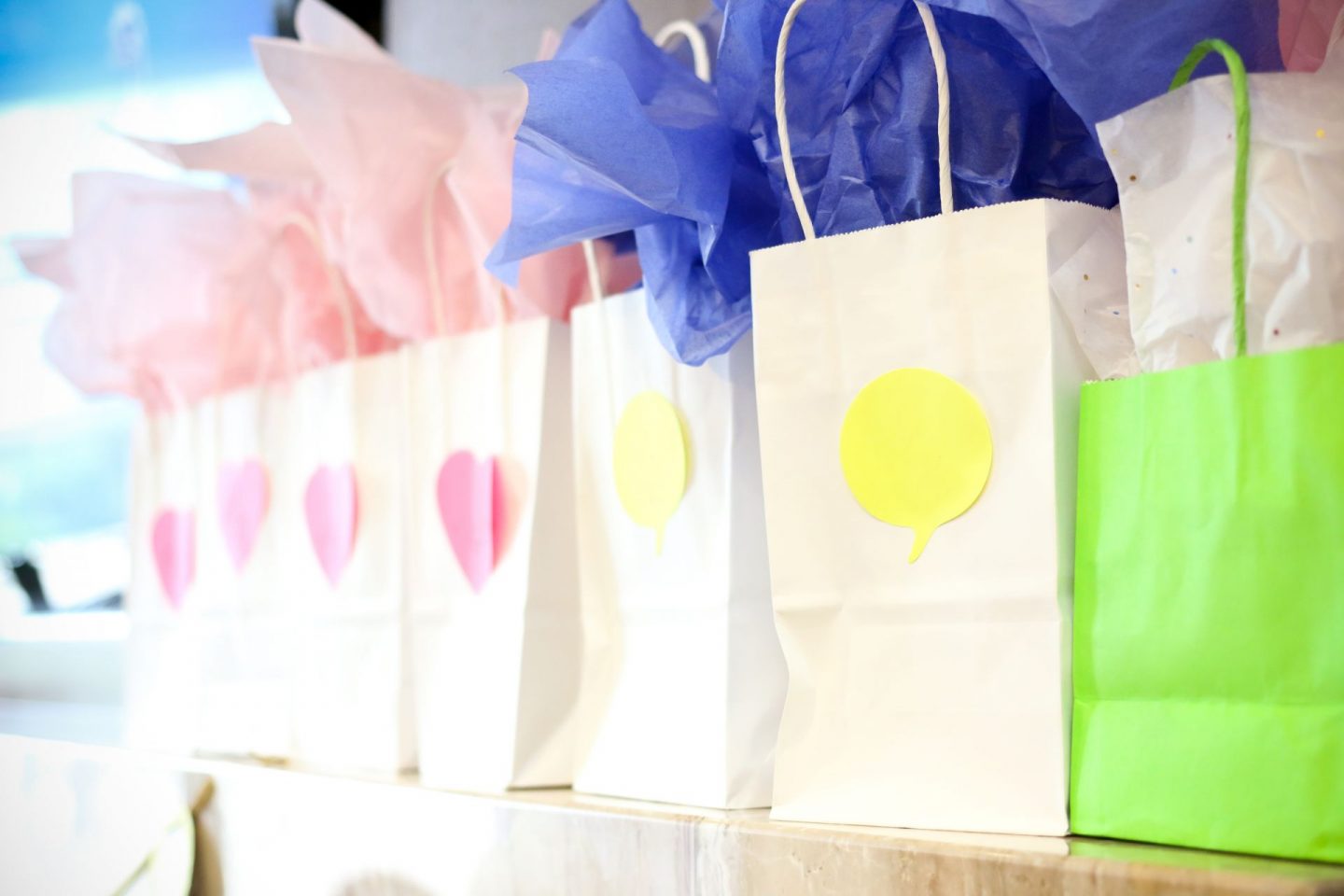 Party bags ready to be given to children at a party.
