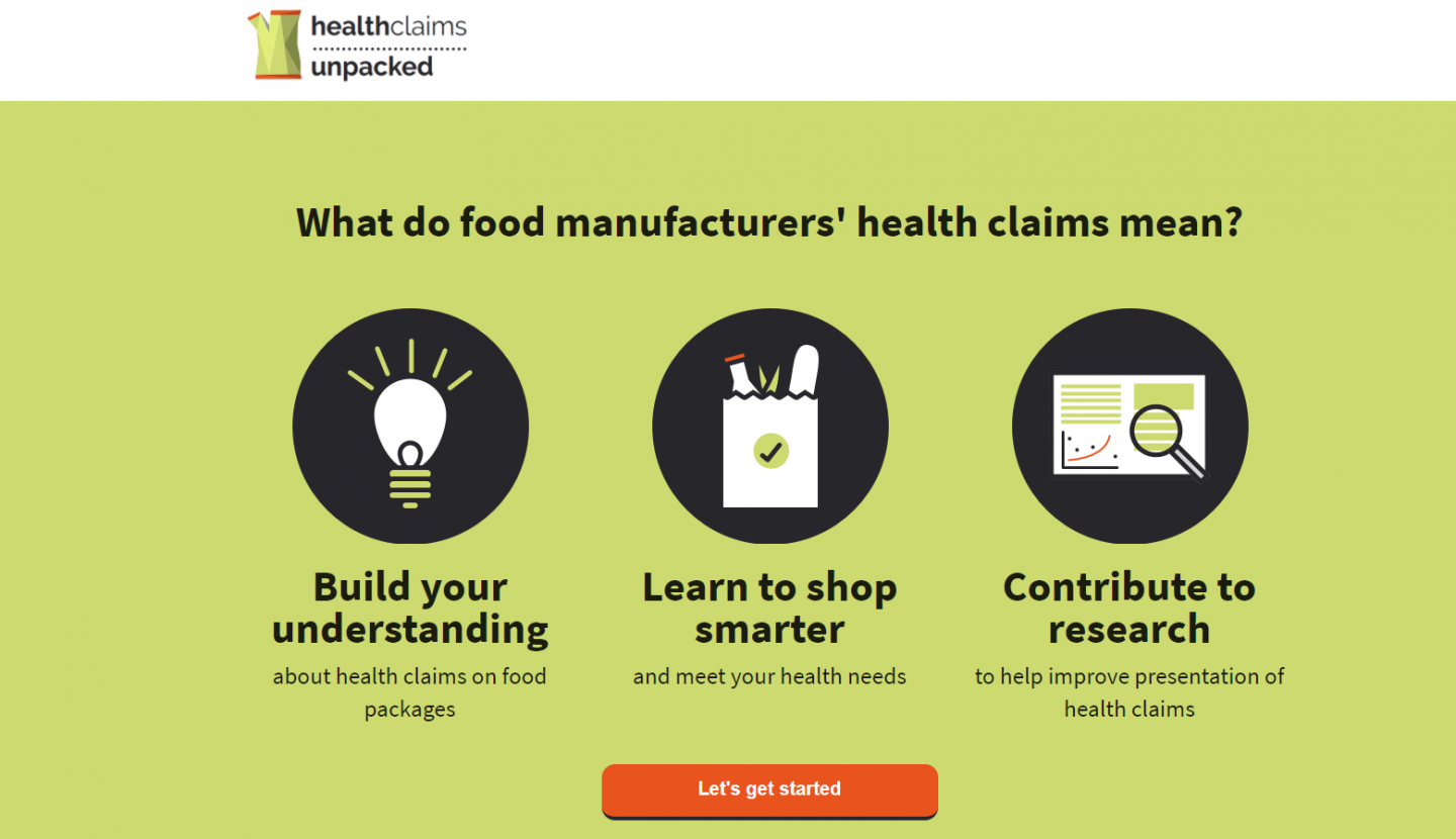 Health Claims Unpacked website screen shot examining food labelling.