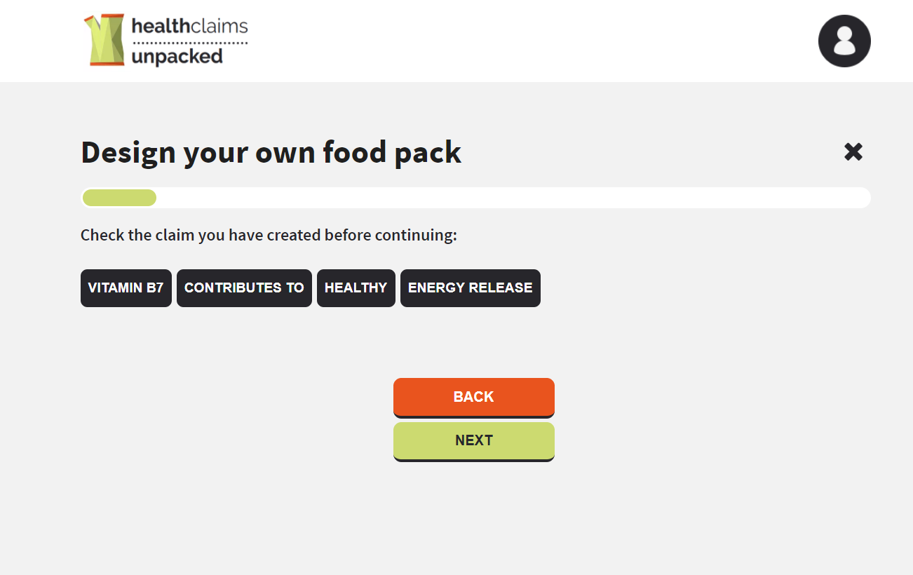 Screen shot of food labelling exercise on Health Claims Unpacked website.