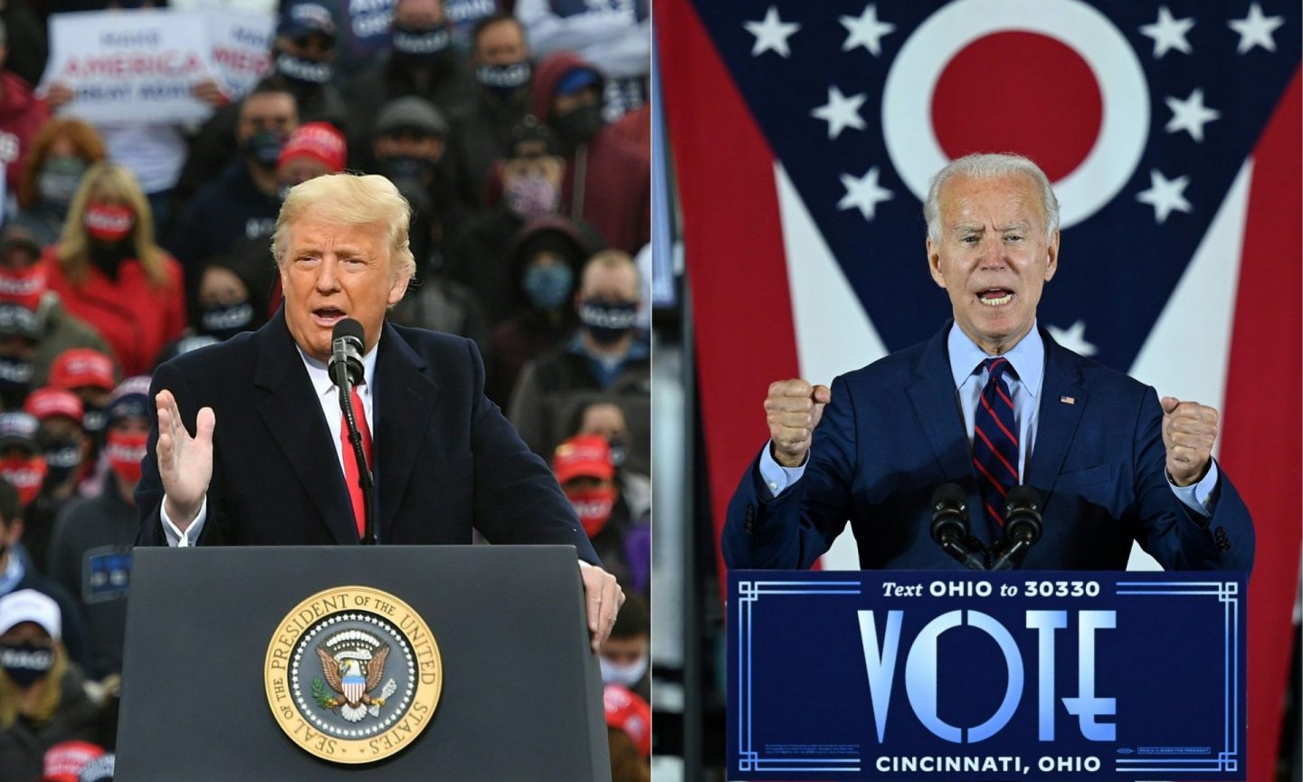 Donald Trump and Joe Biden at campaign rallies. Each man has a different approach to masculinity.
