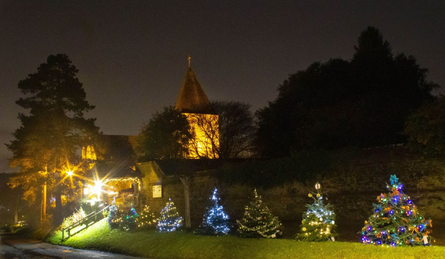 Image of Christmas decorations outside a church.