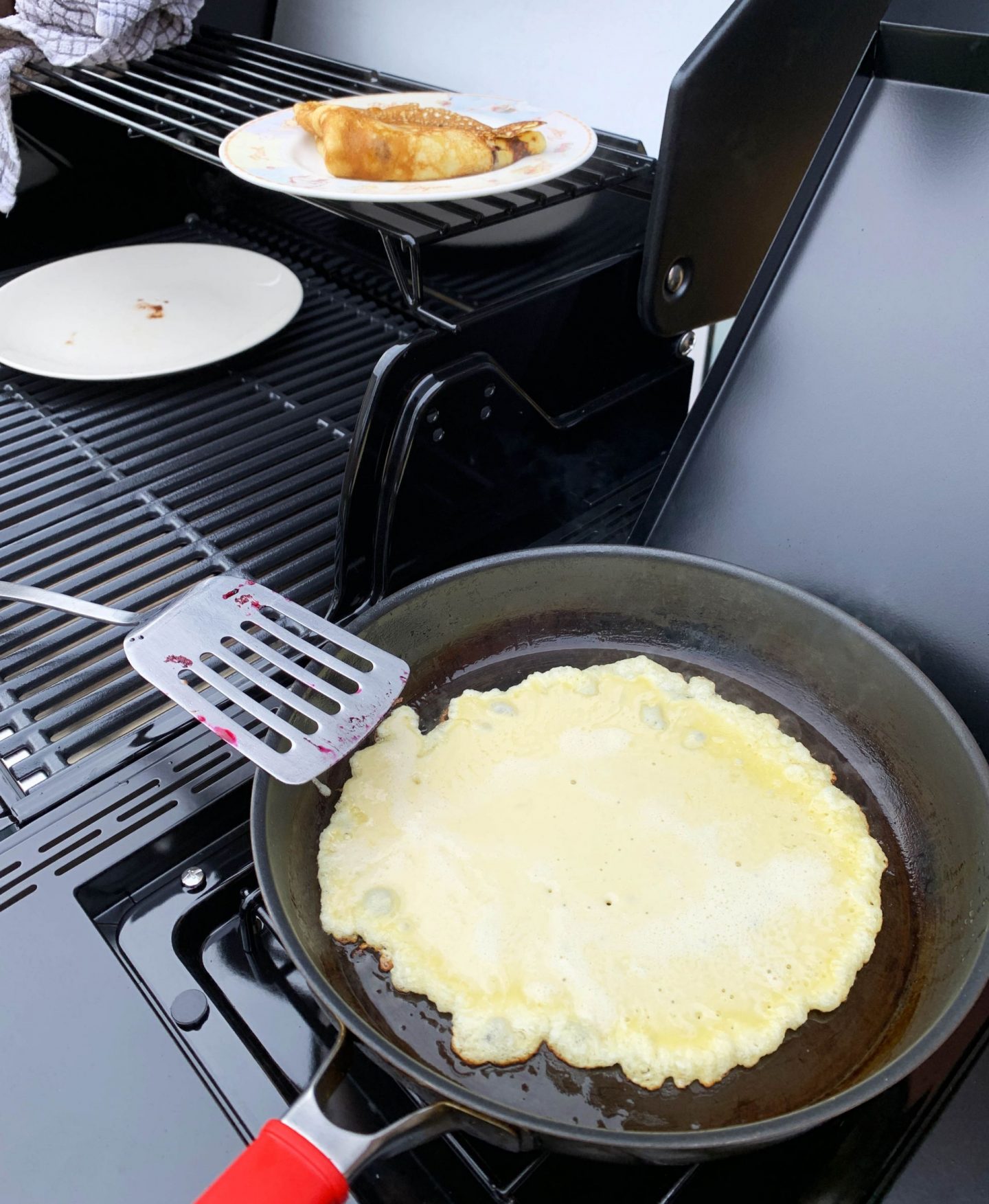 Pancakes cooked on a gas-grill barbecue